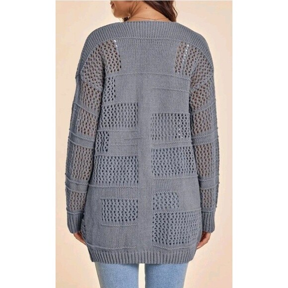 Grey Oversized Boho Crochet Cardigan Cozy Long Sleeve Layer Womens S Small NEW - Picture 2 of 7